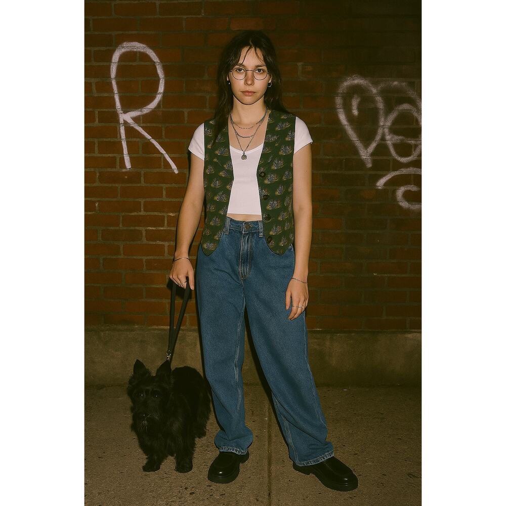 Vintage Anne Pinkerton Scottie Dog Novelty Print Vest Green Waistcoat Small Silk